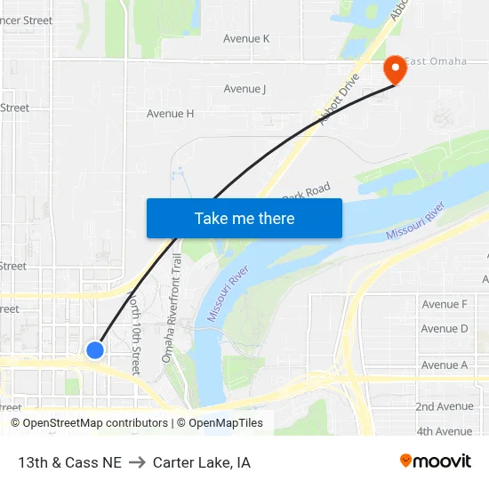 13th & Cass NE to Carter Lake, IA map