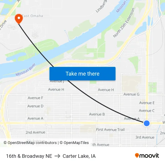 16th & Broadway NE to Carter Lake, IA map