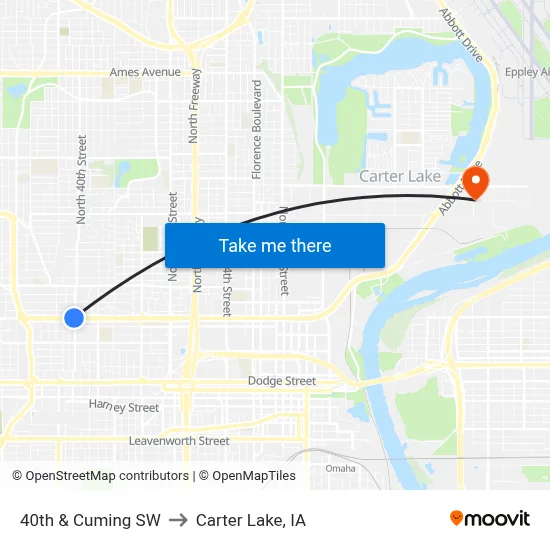 40th & Cuming SW to Carter Lake, IA map