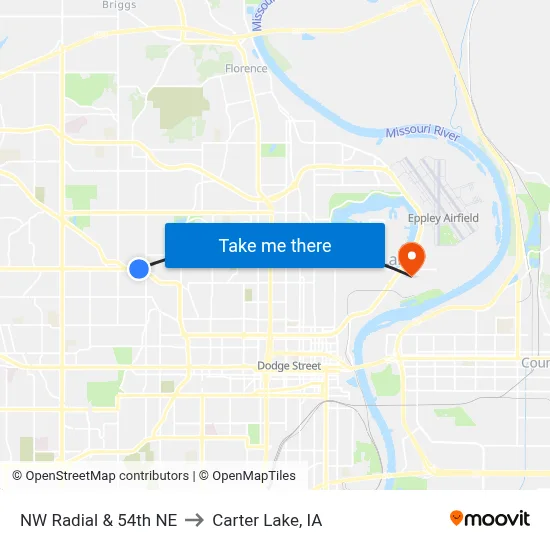 NW Radial & 54th NE to Carter Lake, IA map