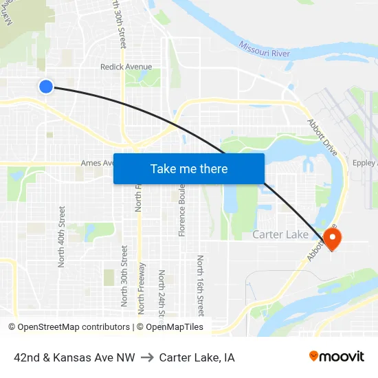 42nd & Kansas Ave NW to Carter Lake, IA map