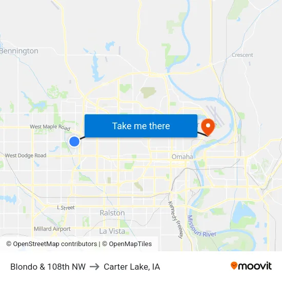 Blondo & 108th NW to Carter Lake, IA map