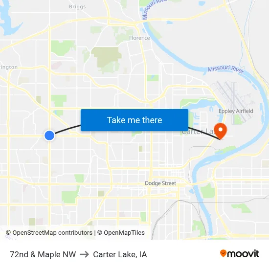 72nd & Maple NW to Carter Lake, IA map