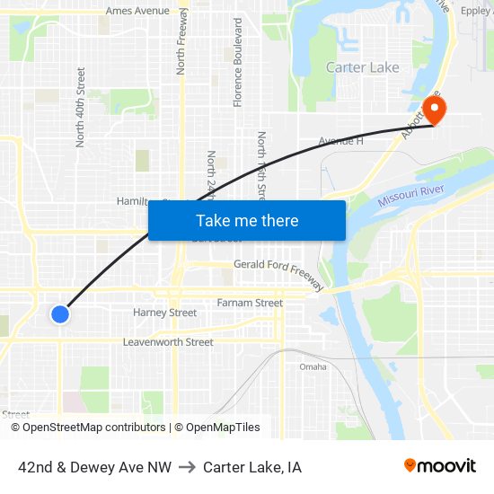 42nd & Dewey Ave NW to Carter Lake, IA map