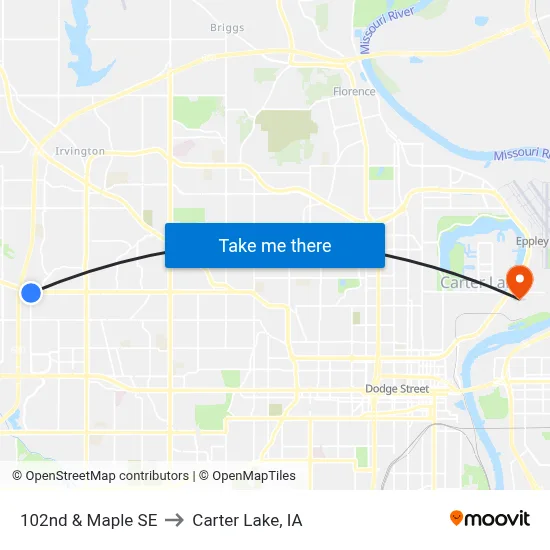 102nd & Maple SE to Carter Lake, IA map