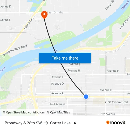 Broadway & 28th SW to Carter Lake, IA map