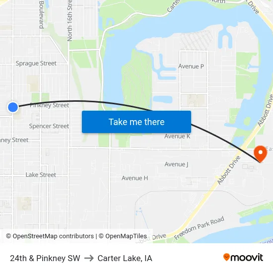 24th & Pinkney SW to Carter Lake, IA map