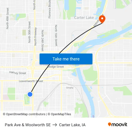 Park Ave & Woolworth SE to Carter Lake, IA map
