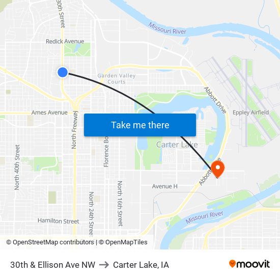 30th & Ellison Ave NW to Carter Lake, IA map