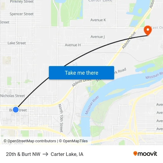 20th & Burt NW to Carter Lake, IA map