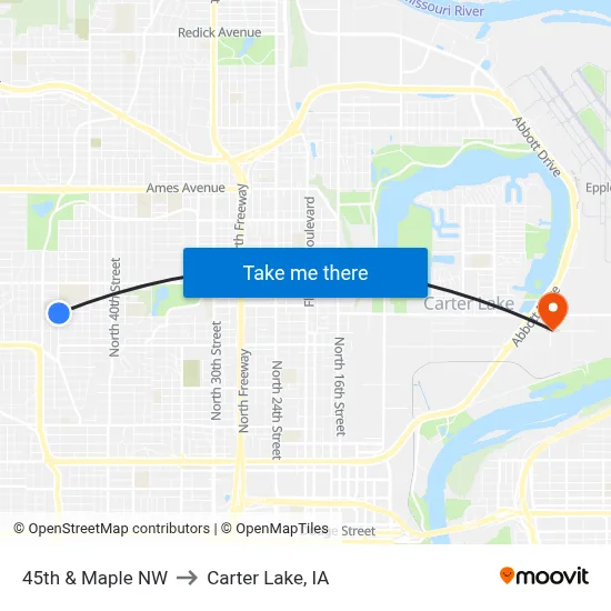 45th & Maple NW to Carter Lake, IA map