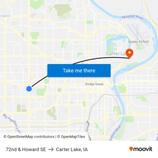 72nd & Howard SE to Carter Lake, IA map