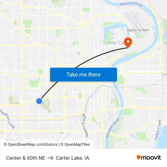 Center & 60th NE to Carter Lake, IA map