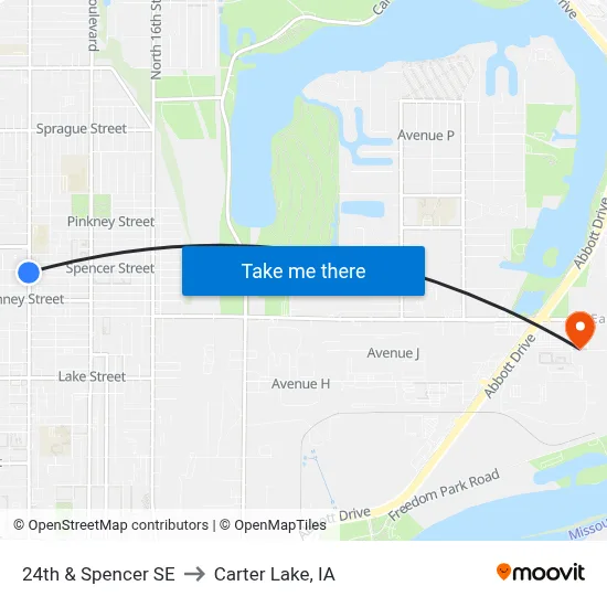 24th & Spencer SE to Carter Lake, IA map