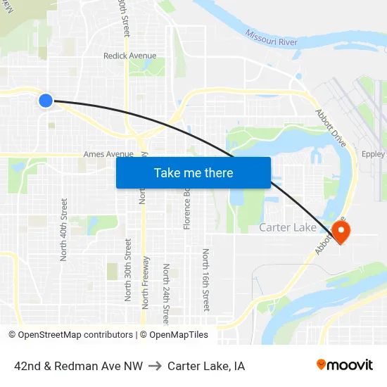 42nd & Redman Ave NW to Carter Lake, IA map