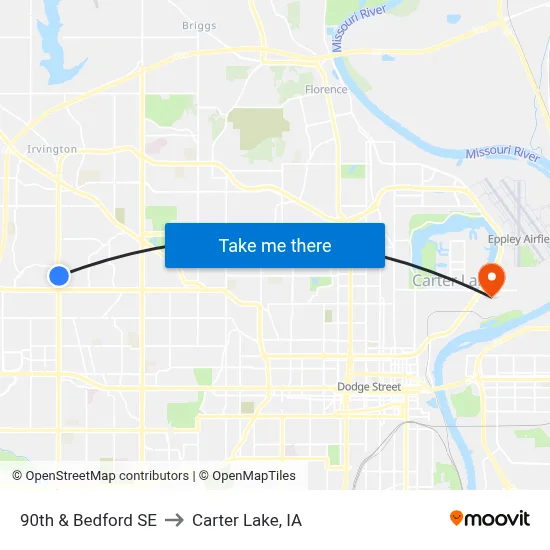 90th & Bedford SE to Carter Lake, IA map