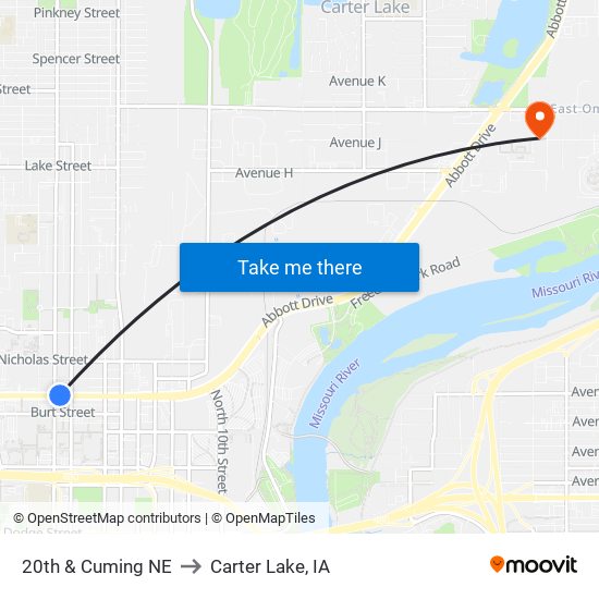 20th & Cuming NE to Carter Lake, IA map