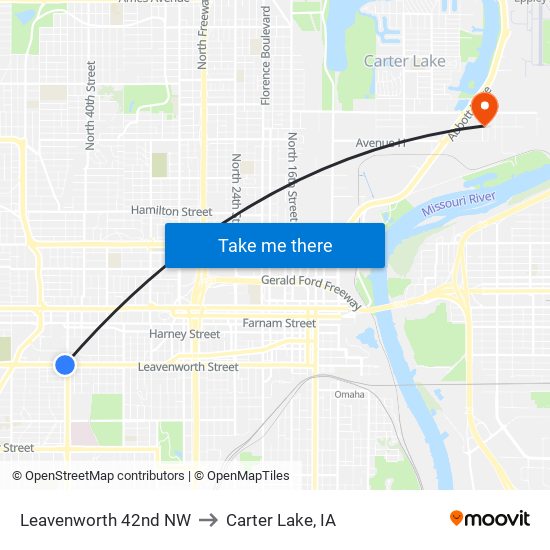 Leavenworth 42nd NW to Carter Lake, IA map