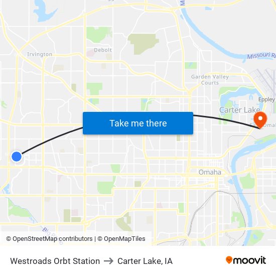 Westroads Orbt Station to Carter Lake, IA map