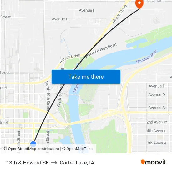13th & Howard SE to Carter Lake, IA map