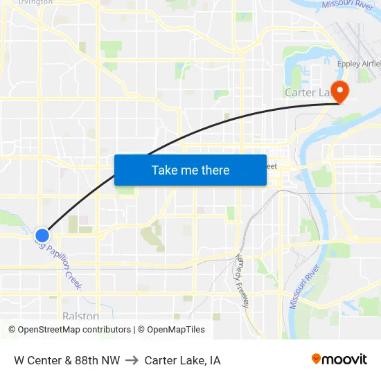 W Center & 88th NW to Carter Lake, IA map