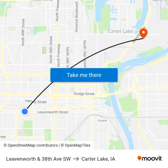 Leavenworth & 38th Ave SW to Carter Lake, IA map