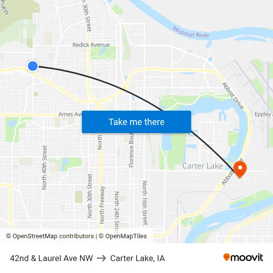42nd & Laurel Ave NW to Carter Lake, IA map