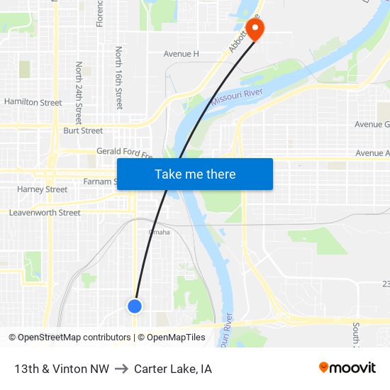 13th & Vinton NW to Carter Lake, IA map