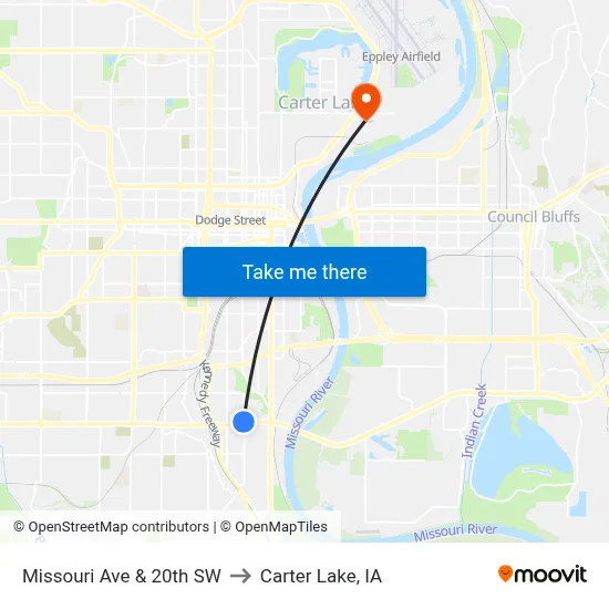 Missouri Ave & 20th SW to Carter Lake, IA map