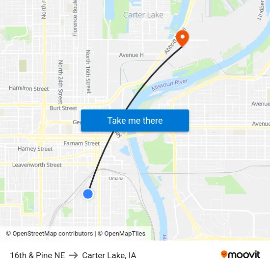 16th & Pine NE to Carter Lake, IA map