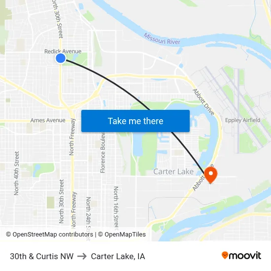 30th & Curtis NW to Carter Lake, IA map