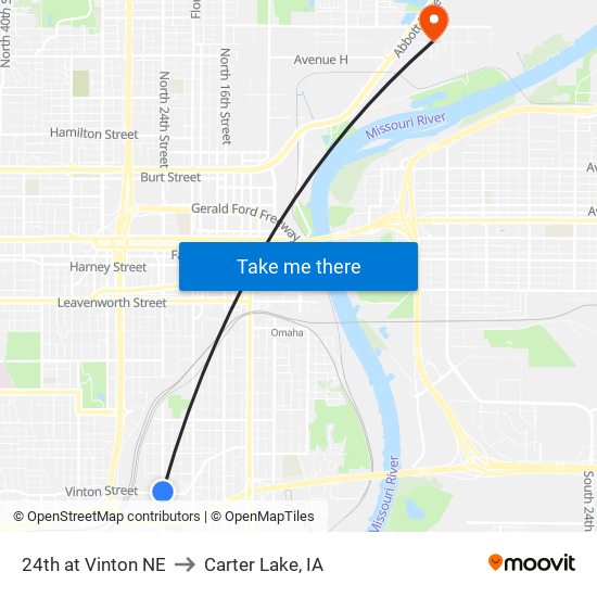 24th at Vinton NE to Carter Lake, IA map