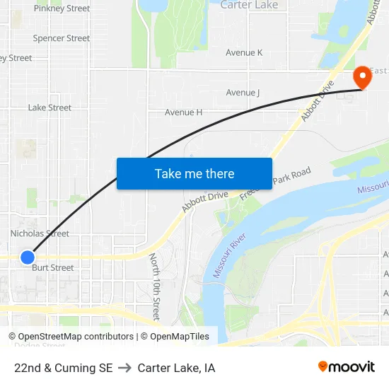 22nd & Cuming SE to Carter Lake, IA map