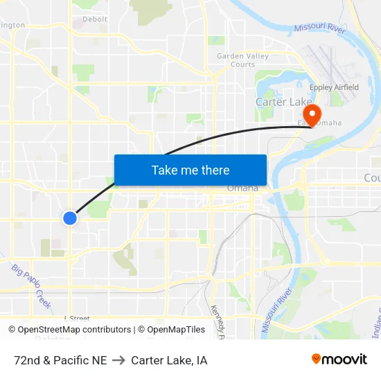 72nd & Pacific NE to Carter Lake, IA map