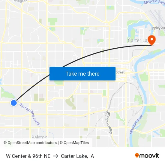 W Center & 96th NE to Carter Lake, IA map