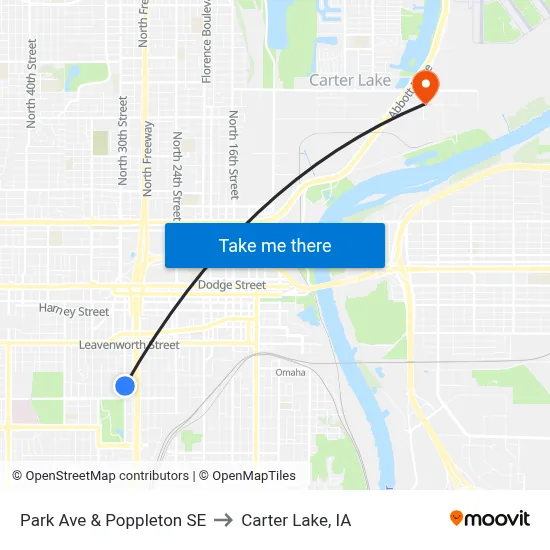 Park Ave & Poppleton SE to Carter Lake, IA map
