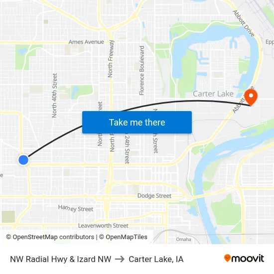 NW Radial Hwy & Izard NW to Carter Lake, IA map