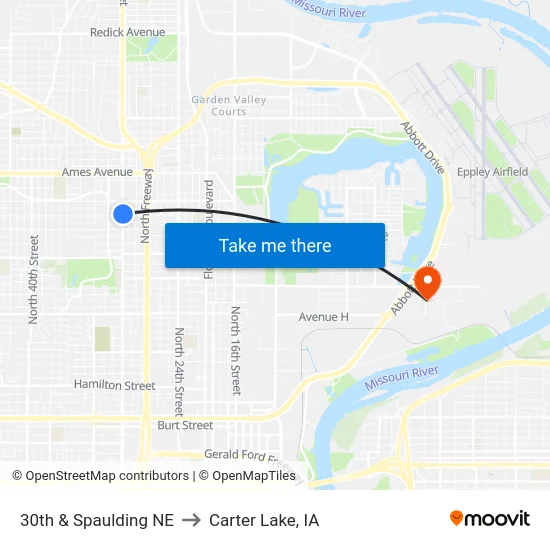 30th & Spaulding NE to Carter Lake, IA map