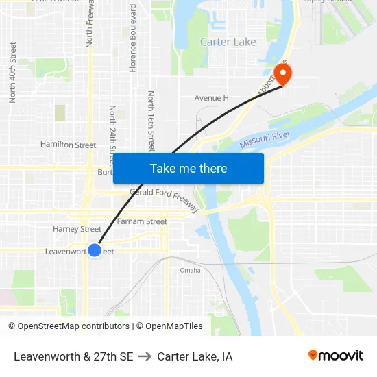 Leavenworth & 27th SE to Carter Lake, IA map