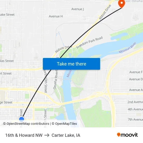 16th & Howard NW to Carter Lake, IA map