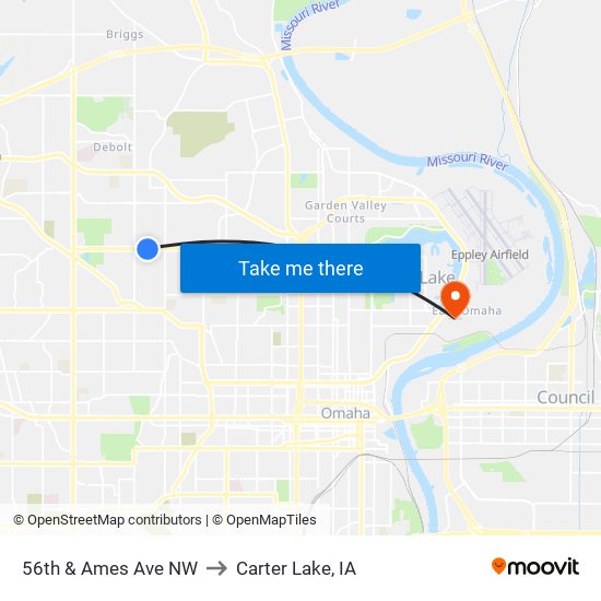 56th & Ames Ave NW to Carter Lake, IA map