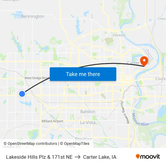 Lakeside Hills Plz & 171st NE to Carter Lake, IA map