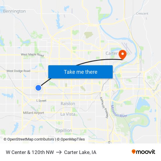 W Center & 120th NW to Carter Lake, IA map