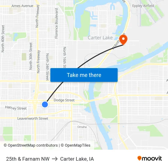 25th & Farnam NW to Carter Lake, IA map