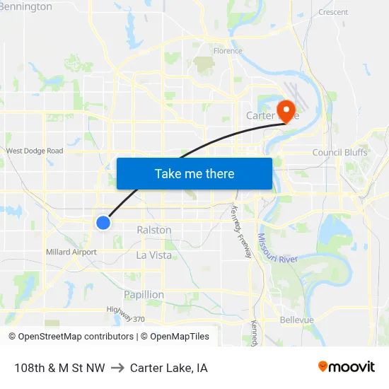 108th & M St NW to Carter Lake, IA map