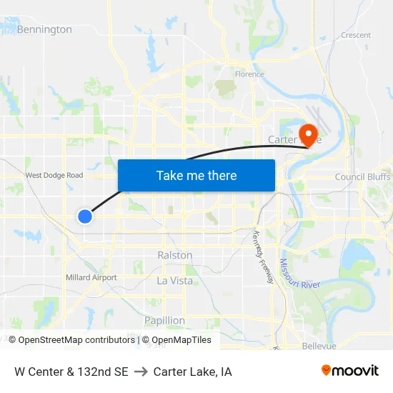 W Center & 132nd SE to Carter Lake, IA map