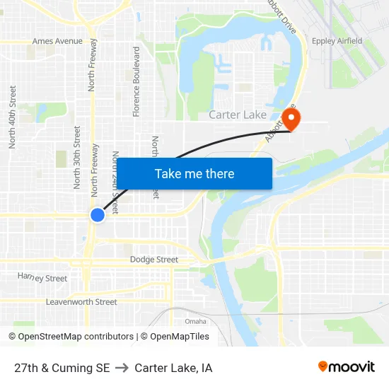 27th & Cuming SE to Carter Lake, IA map