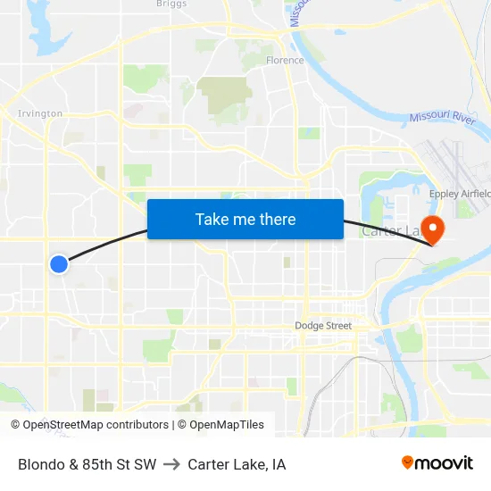 Blondo & 85th St SW to Carter Lake, IA map