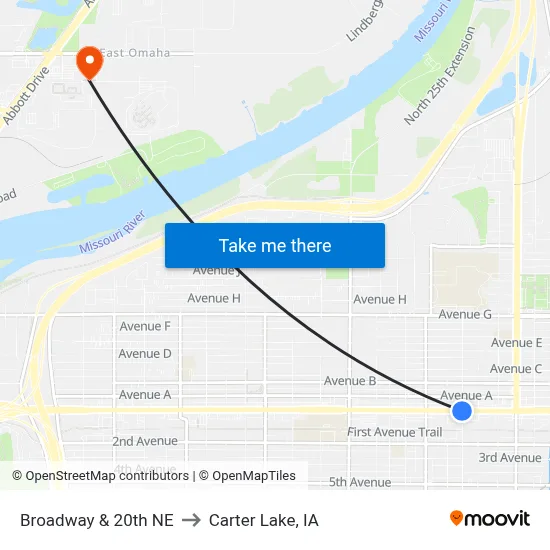 Broadway & 20th  NE to Carter Lake, IA map