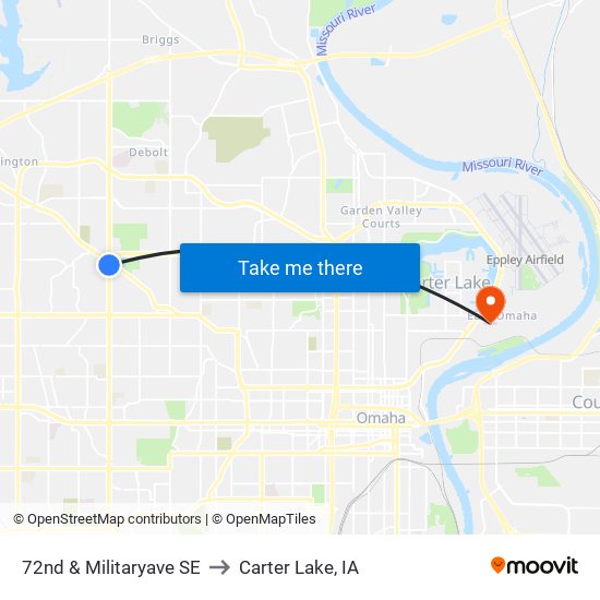 72nd & Militaryave SE to Carter Lake, IA map